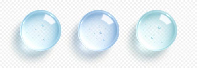 Transparent  hydrating gel droplets. Liquid drops, serum, gel or collagen texture. Skin care cosmetic hydration spots. Vector illustration