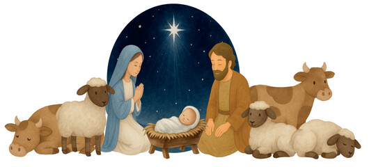 Vector Watercolor Nativity scene clipart with Mary, Joseph, Baby Jesus, star, animals. Perfect for Christmas cards, posters, crafts, Christian art and festive decorations.