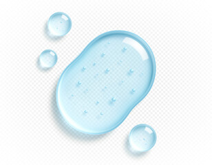 Transparent hydrating gel droplet. Liquid drops, serum, gel or collagen texture. Skin care cosmetic hydration spots. Vector illustration