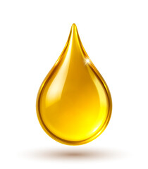 Glossy golden oil drop. Realistic 3D collagen serum droplet for skincare and cosmetic concept