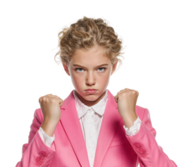 Defiant young girl in pink suit portrait empowerment isolated on transparent background