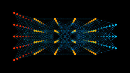 Diagram of an artificial intelligence neural network with interconnected nodes and layers — perfect for illustrating AI, deep learning, and machine learning concepts.