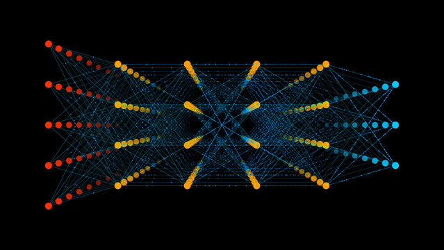 Diagram of an artificial intelligence neural network with interconnected nodes and layers — perfect for illustrating AI, deep learning, and machine learning concepts.