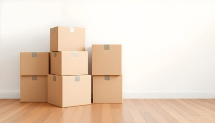 Obraz premium Cardboard boxes are stacked neatly on a wooden floor with a white background.
