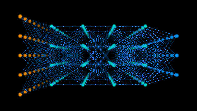 Diagram of an artificial intelligence neural network with interconnected nodes and layers &mdash; perfect for illustrating AI, deep learning, and machine learning concepts.