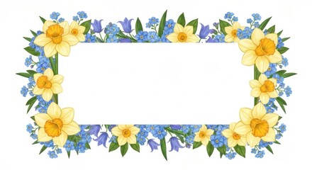 Obraz premium A floral frame of yellow daffodils bluebells forgetmenots surrounds a blank white rectangle