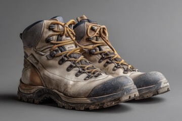 Steel Toed Boots in Grey Studio Light. Pair of Worn Work Boots for Hiking