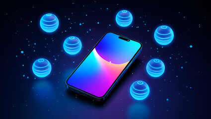 Futuristic smartphone surrounded by glowing blue orbs technology