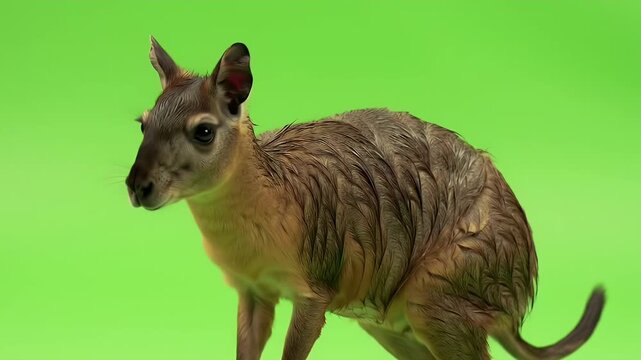 Small Wallaby with Wet Fur Standing on Bright Green Screen Background for Easy Compositing
