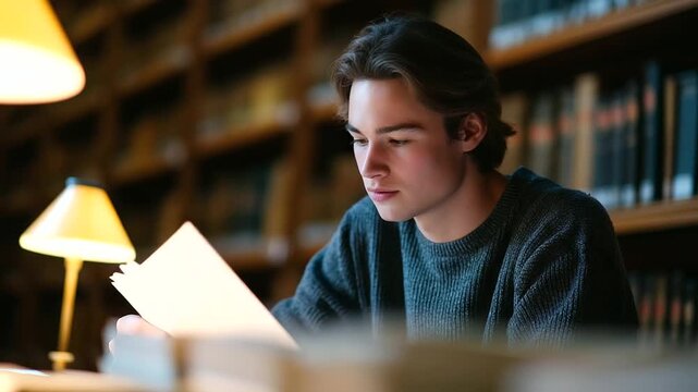 Classic library setting with a university student immersed in study representing higher education, academic focus, knowledge pursuit, learning environment, student motivation, intellectual growth