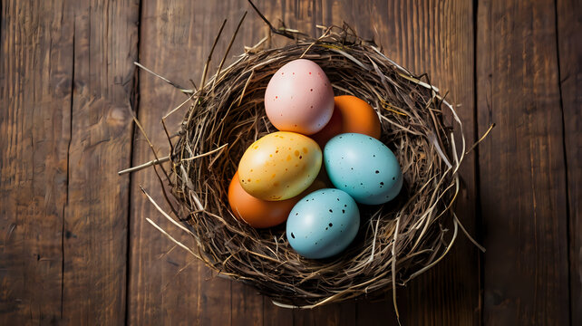 eggs in a nest, easter eggs in nest on wooden table background