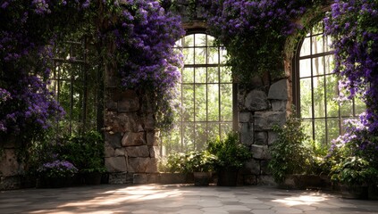 Fototapeta premium Sunlit overgrown ruin with purple flowers