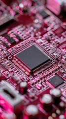 Close-up of a red circuit board with a chip, intricate details visible