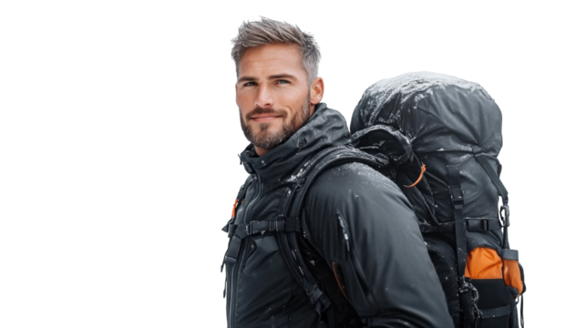 Man with backpack in outdoor adventure gear isolated on white background