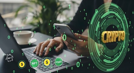 A person using a laptop and smartphone related to crypto and NFTs in a digital setting.