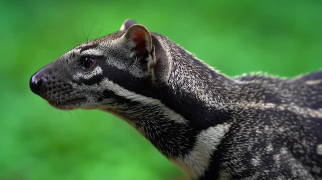 Profile of a striking wild genet with unique striped and spotted fur in a vibrant green natural habitat