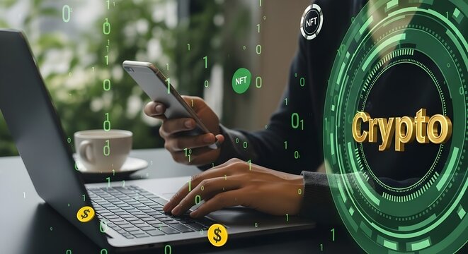 A person using a laptop and smartphone related to crypto and NFTs in a digital setting.