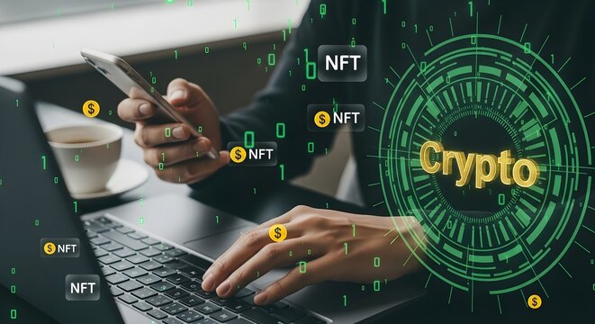 A person uses a laptop and smartphone, with digital crypto and NFT symbols overlaid, illustrating modern finance and technology.