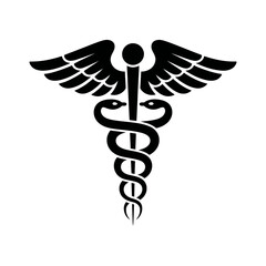 Medical symbol representing healthcare with snakes and wings in black and white illustration