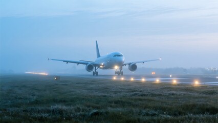 Naklejka premium Commercial Airplane Landing on Runway in Foggy Morning with Atmospheric Lighting