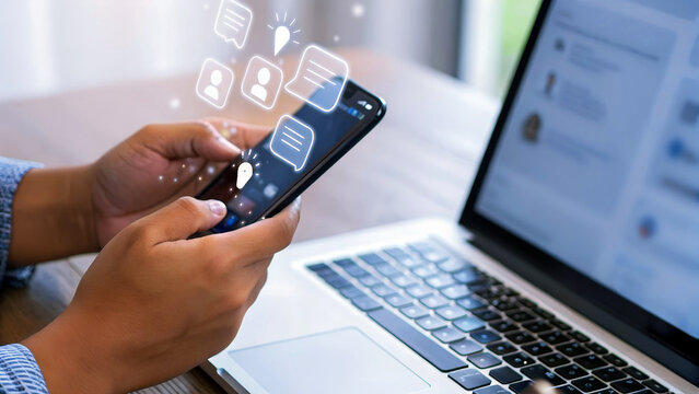 Hands holding smartphone with chat bubbles and idea icon, laptop open nearby, modern digital communication concept