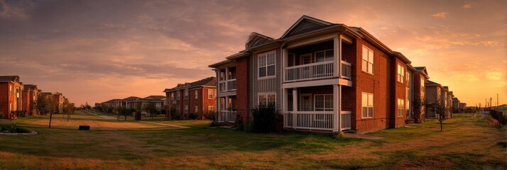 Texas Apartment. Sunset View from Grassy Backyard of a Suburban Apartment Complex in Humble, US