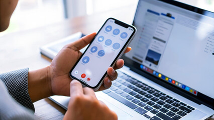 Focused professional using smartphone and laptop for efficient work, showcasing modern digital connectivity and productivity in a bright workspace.