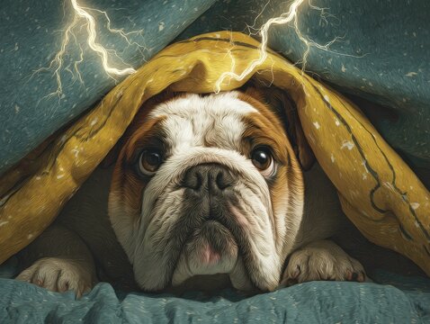 The Dog Storm: Bulldog Hiding Under a Blanket, Afraid of Thunderstorm