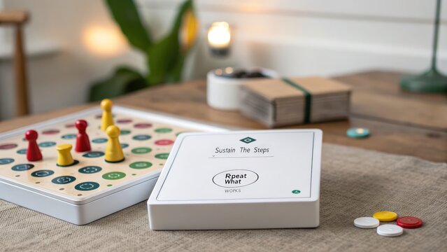 Colorful board game set with game pieces and instruction card on wooden table