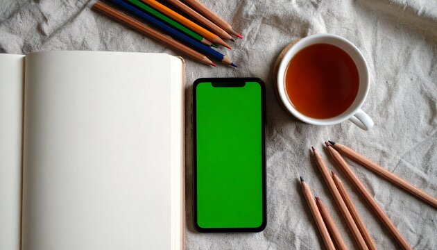 Top-down view of a smartphone with a green screen, an open notebook, colored pencils, and a cup of tea on a fabric background.