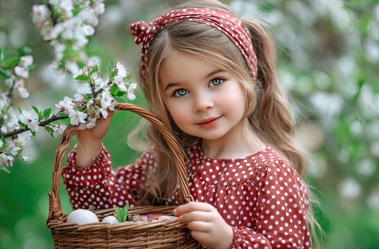 A young girl in spring attire with polka dots stands near blooming trees and carefully cuts branches of willow or apple tree for her Easter basket