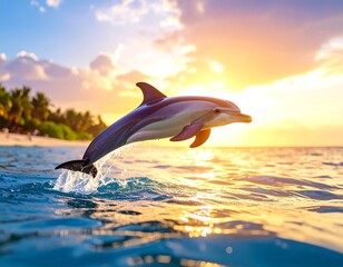 Fototapeta premium Dolphin leaping sunset ocean beach. (1)