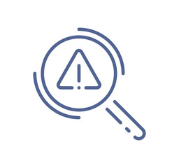 Magnifying glass with warning sign, risk detection icon, alert search symbol, problem analysis, hazard investigation, security threat finding isolated on white background flat vector illustration