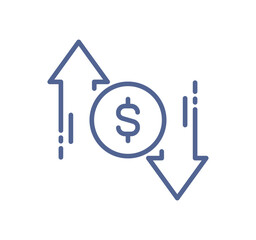 Dollar symbol with up and down arrows, currency exchange icon, money fluctuation, financial market volatility, forex trading, price increase and decrease isolated background flat vector illustration.