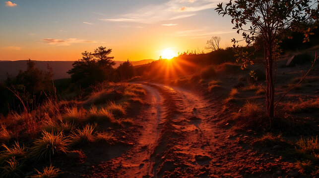 A refreshing sunrise breaks over a worn, dusty trail, symbolizing new beginnings and a chance to reboot, revitalize, and rediscover life's journey anew.