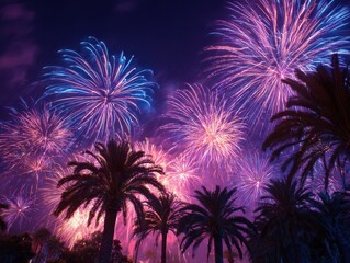 Tropical Fireworks. Spectacular Night Sky with Palm Tree Silhouettes on Beach