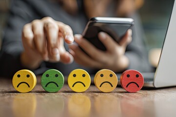 Woman using a smartphone to give negative feedback