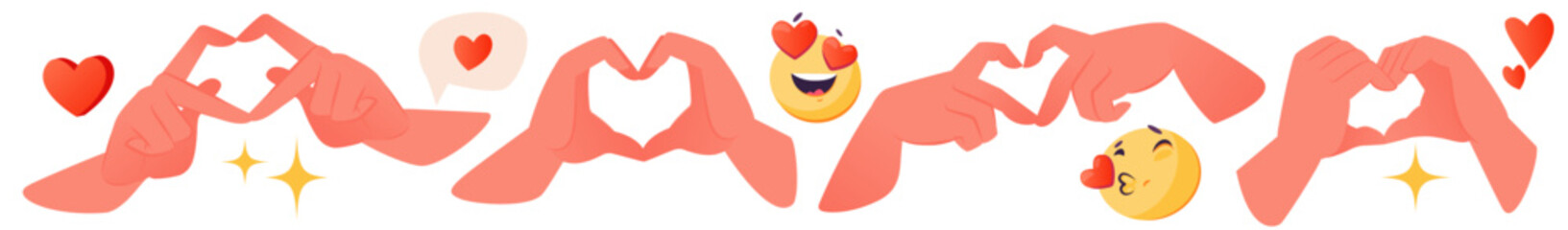 Set of human hands making a gesture with their fingers symbolizing a heart, a love sign, a manifestation of sympathy, a symbol of charity. Vector illustration and doodles on a white background