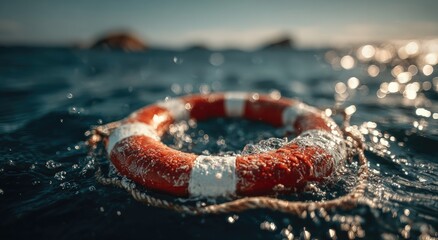 A red and white life preserver floats on dark blue water, waves splash around it