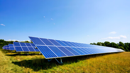Vast Solar Panel Array in a Grassy Rural Field Under a Clear Blue Sky