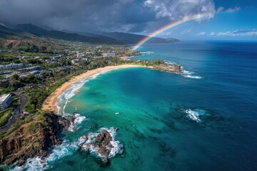 Fototapeta premium Waimea Hawaii Aerial View with Full Rainbow on North Shore Beach and Ocean Landscape