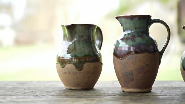 Row of Green and Brown Ceramic Pitchers on Wooden Surface with Blurred Background
