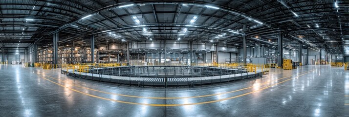 Fototapeta premium Warehouse Panoramic. Industrial Facility with Modern Machinery and Equipment. Controlled Access Area with Fenced Guard