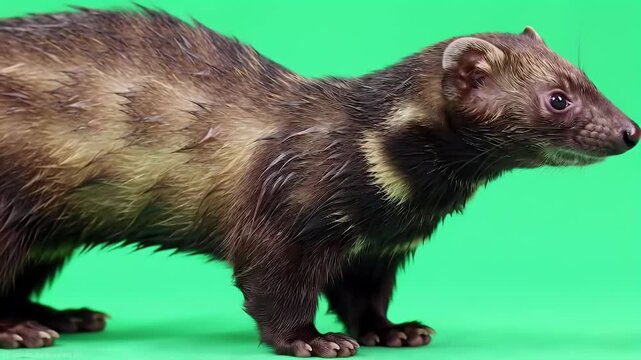 Wild European Polecat with Dark Fur on Vibrant Green Studio Background