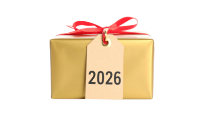Golden gift box with ribbon and 2026 tag, isolated on transparent background, festive holiday concept