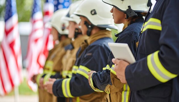 Firefighters in uniform standing in a line, with American flags in the background.