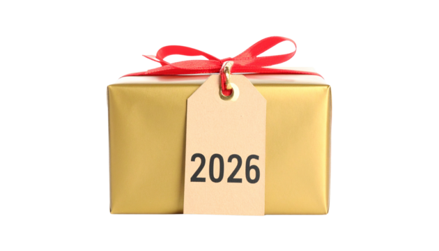 Golden gift box with ribbon and 2026 tag, isolated on transparent background, festive holiday concept