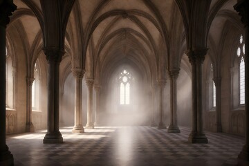 Gothic hall, sunlight beams, arches, checkered floor, serene ambiance.