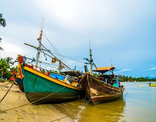 Fototapeta premium Colorful fishing boats on a beach