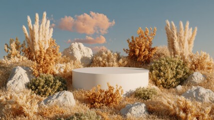 Moss stone podium eco yellow golden shiny magic background. Beauty cosmetics concept. Forest miniature platform showcase. 3d professional photography. Autumn dreamy aesthetic